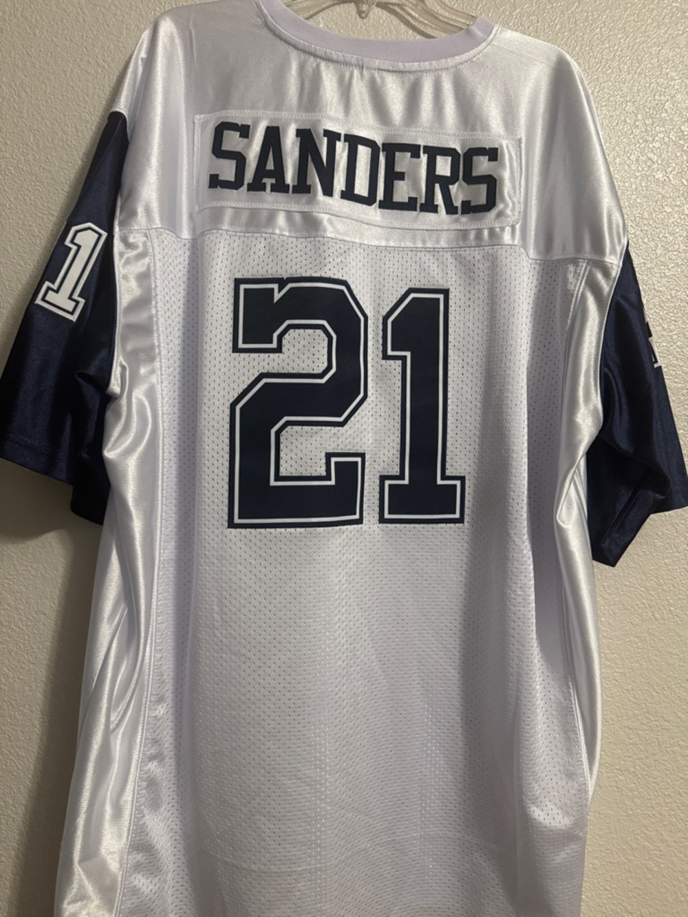 #21 Sanders White Football Jersey with Navy Accents